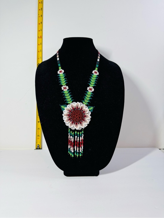 Jewelry - Handmade Beaded Floral Pendant Necklace - White, Red & Green